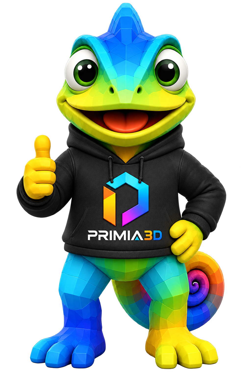 Mascote camaleão da Primia 3D fazendo sinal positivo